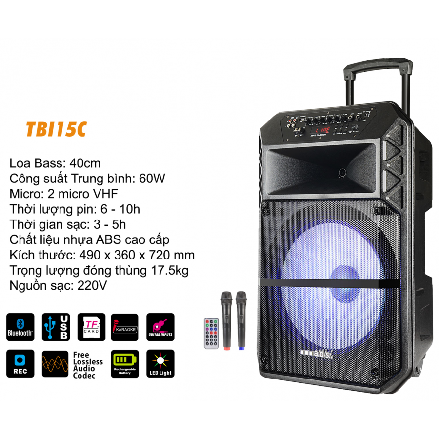 Loa kéo di động A/D/S TBI-15C chính hãng. Tặng kèm 2 mic cầm tay